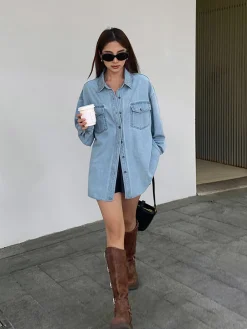 Lapel Pockets Denim Jacket Outerwear|Tops