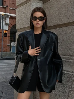 Discount Lapel Pockets Leather Blazer Outerwear|Blazers