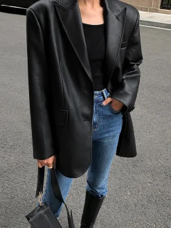 Discount Lapel Pockets Leather Blazer Outerwear|Blazers