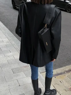 Discount Lapel Pockets Leather Blazer Outerwear|Blazers