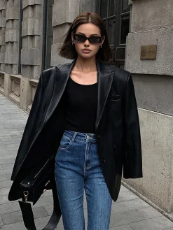 Discount Lapel Pockets Leather Blazer Outerwear|Blazers