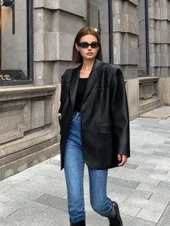 Discount Lapel Pockets Leather Blazer Outerwear|Blazers