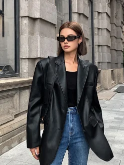 Discount Lapel Pockets Leather Blazer Outerwear|Blazers