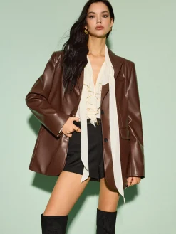 Discount Lapel Pockets Leather Blazer Outerwear|Blazers