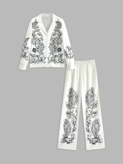 New Lapel Printed Elastic Waist Pants Set Pants Sets|Matching Sets