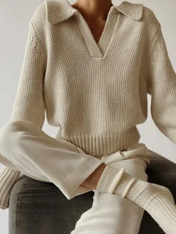 Online Lapel Ribbed Pullover Sweater Sweater Tops|Sweaters & Cardigans