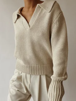 Online Lapel Ribbed Pullover Sweater Sweater Tops|Sweaters & Cardigans