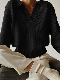 Online Lapel Ribbed Pullover Sweater Sweater Tops|Sweaters & Cardigans