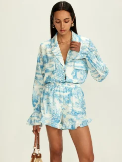 Hot Lapel Ruffle Printed Shorts Set Shorts Sets|Shorts