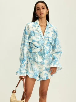 Hot Lapel Ruffle Printed Shorts Set Shorts Sets|Shorts