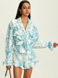 Hot Lapel Ruffle Printed Shorts Set Shorts Sets|Shorts
