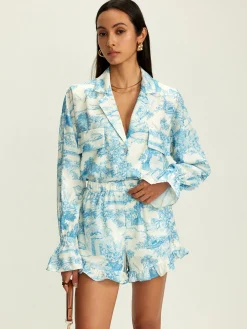 Hot Lapel Ruffle Printed Shorts Set Shorts Sets|Shorts