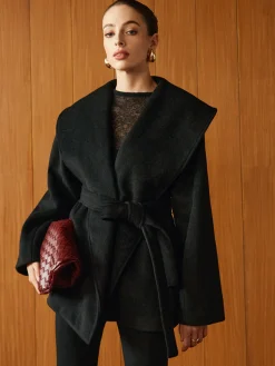 Discount Large Collar Belted Coat Outerwear|Coats