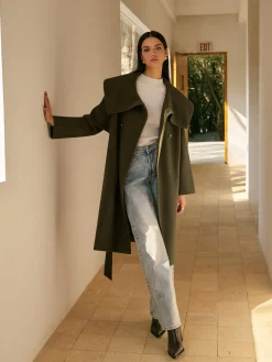 Outlet Large Collar Belted Tweed Coat Outerwear|Tops