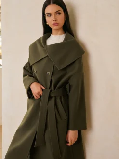 Outlet Large Collar Belted Tweed Coat Outerwear|Tops