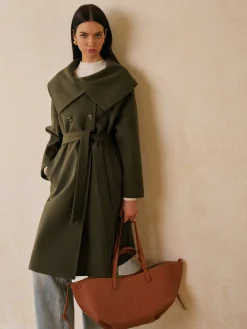 Outlet Large Collar Belted Tweed Coat Outerwear|Tops