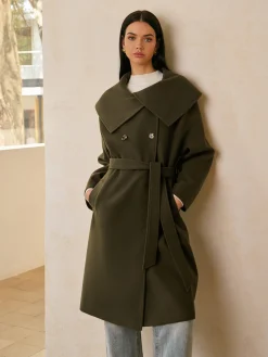 Outlet Large Collar Belted Tweed Coat Outerwear|Tops