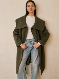 Outlet Large Collar Belted Tweed Coat Outerwear|Tops