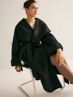 Online Large Collar Belted Wool Long Coat Outerwear|Coats