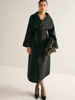 Online Large Collar Belted Wool Long Coat Outerwear|Coats