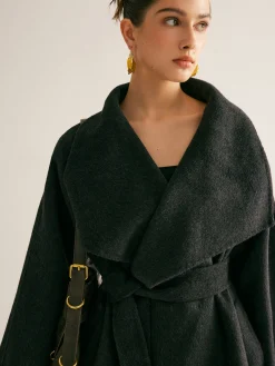 Online Large Collar Belted Wool Long Coat Outerwear|Coats