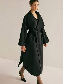Online Large Collar Belted Wool Long Coat Outerwear|Coats