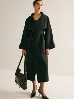 Online Large Collar Belted Wool Long Coat Outerwear|Coats