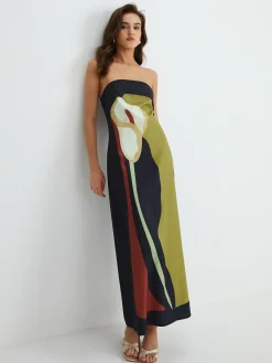 Sale Large Floral Print Split Tube Long Dress Floral Dresses|Vacation Dresses
