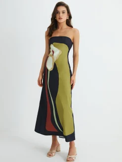 Sale Large Floral Print Split Tube Long Dress Floral Dresses|Vacation Dresses