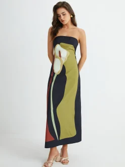 Sale Large Floral Print Split Tube Long Dress Floral Dresses|Vacation Dresses