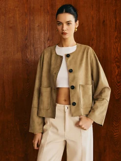 Large Pockets Breasted Suede Jacket Outerwear|Jackets
