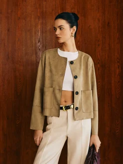 Large Pockets Breasted Suede Jacket Outerwear|Jackets