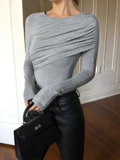 New Layered Long Sleeve Pleated Shirt T-shirts|Tops