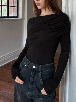 New Layered Long Sleeve Pleated Shirt T-shirts|Tops