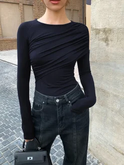 New Layered Long Sleeve Pleated Shirt T-shirts|Tops
