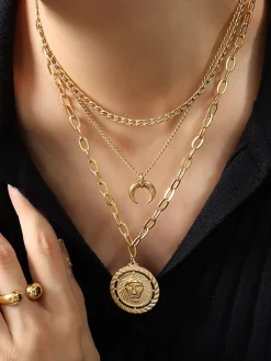 Hot Layering Moon Lion Circle Pendant Necklace Necklaces|Accessories