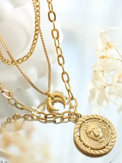 Hot Layering Moon Lion Circle Pendant Necklace Necklaces|Accessories