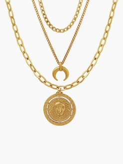 Hot Layering Moon Lion Circle Pendant Necklace Necklaces|Accessories