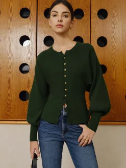 Online Leg-Of Mutton Sleeve Wave Trim Knit Top Sweater Tops|Sweaters & Cardigans