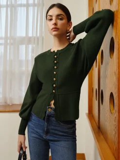 Online Leg-Of Mutton Sleeve Wave Trim Knit Top Sweater Tops|Sweaters & Cardigans