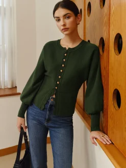 Online Leg-Of Mutton Sleeve Wave Trim Knit Top Sweater Tops|Sweaters & Cardigans