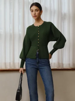 Online Leg-Of Mutton Sleeve Wave Trim Knit Top Sweater Tops|Sweaters & Cardigans