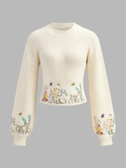 Leg-Of-Mutton Sleeve Embroidery Cinched Sweater Knitwear|Tops
