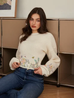 Leg-Of-Mutton Sleeve Embroidery Cinched Sweater Knitwear|Tops