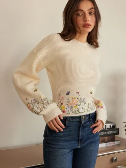 Leg-Of-Mutton Sleeve Embroidery Cinched Sweater Knitwear|Tops