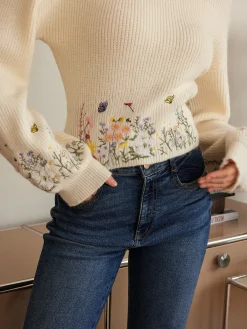 Leg-Of-Mutton Sleeve Embroidery Cinched Sweater Knitwear|Tops