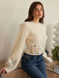 Leg-Of-Mutton Sleeve Embroidery Cinched Sweater Knitwear|Tops