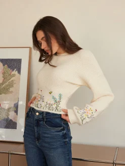 Leg-Of-Mutton Sleeve Embroidery Cinched Sweater Knitwear|Tops