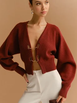 Leg-Of-Mutton Sleeve Metal-Detail Short Cardigan Knitwear|Tops