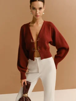 Leg-Of-Mutton Sleeve Metal-Detail Short Cardigan Knitwear|Tops